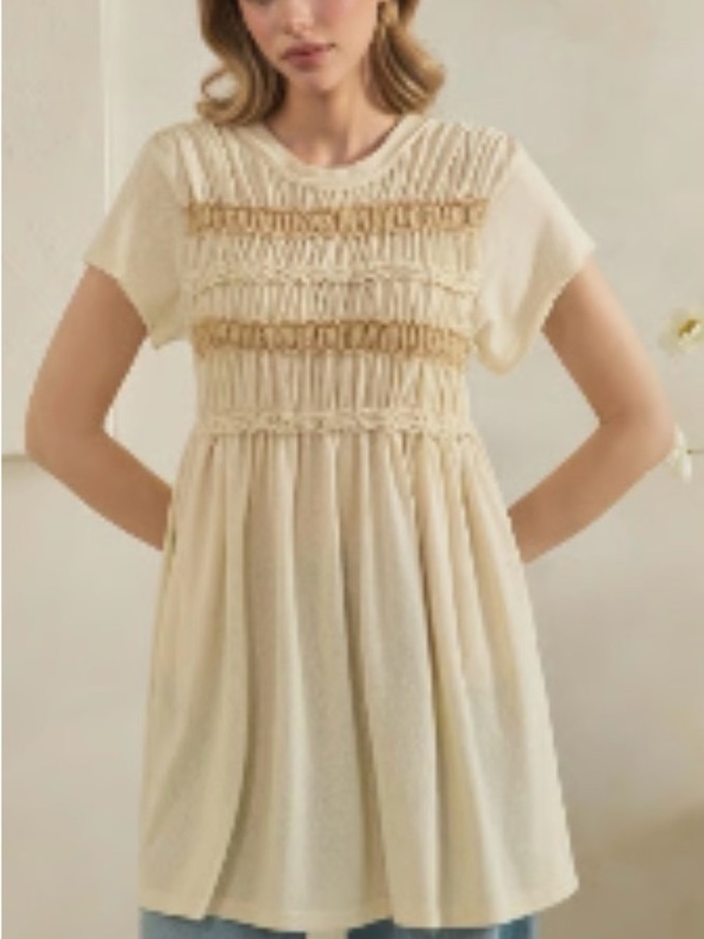 Oli & Hali Ivory Mineral Wash Smocked Lace Tunic Romantic Boho Large